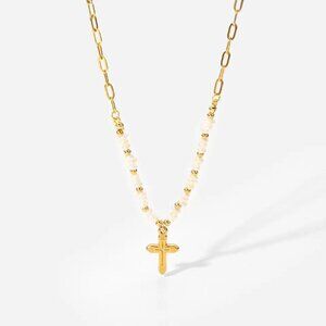 Women's Necklace Freshwater Pearl Cross – 18K Gold Filled Stainless Steel